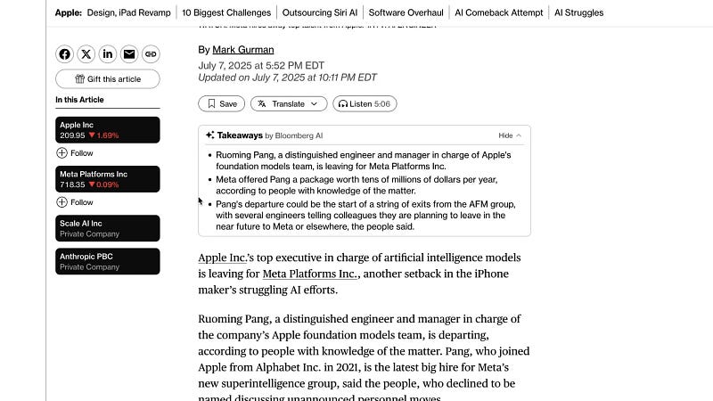 Announcement of Ruomeng Pang leaving Apple for Meta