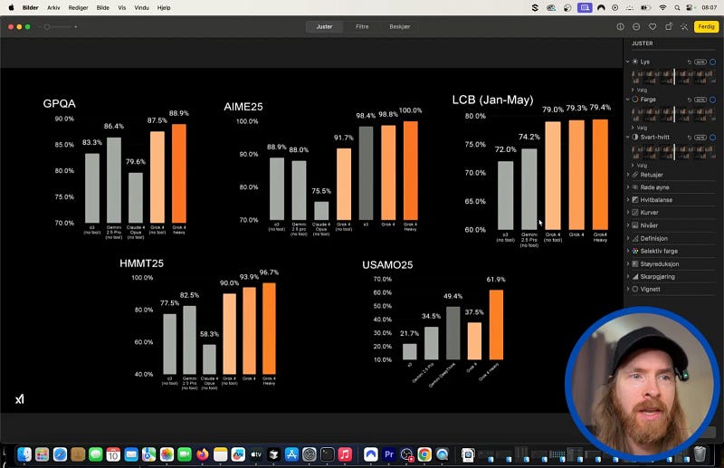Grok 4 benchmark scores displayed on screen