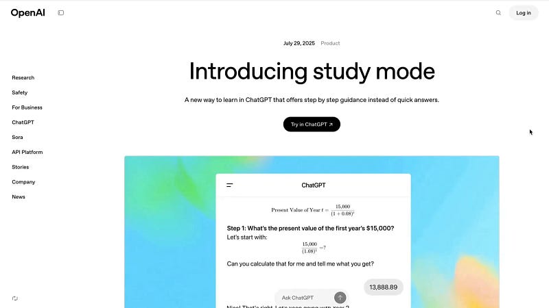 ChatGPT interface showing Study Mode in action
