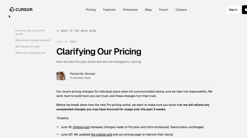 Cursor apologizing for pricing confusion and user backlash
