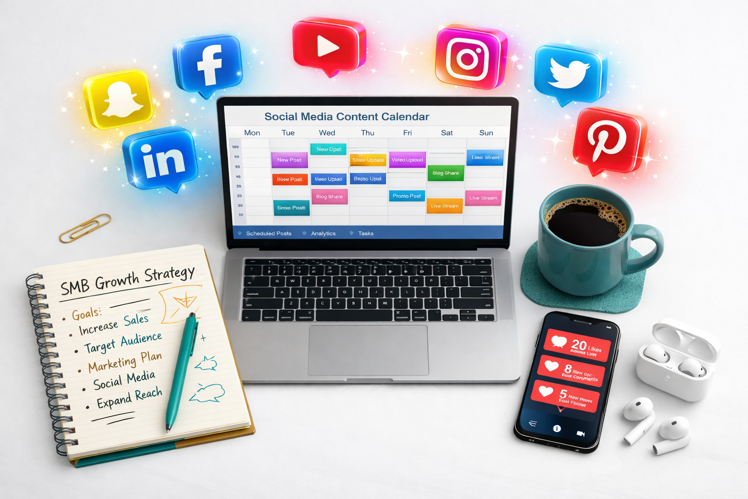 Flat-lay overhead shot of a modern entrepreneur's remote workspace: laptop showing a social media content calendar with