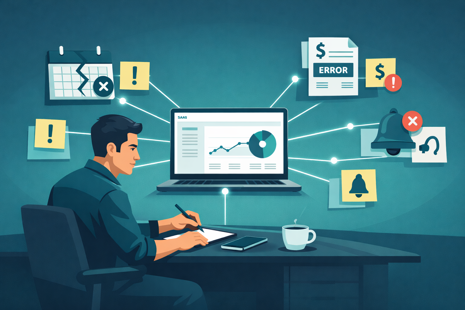 () editorial illustration showing a focused entrepreneur at a modern desk surrounded by floating digital sticky notes and