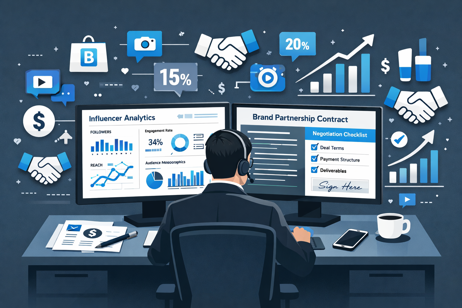 () editorial illustration showing a professional talent manager or agent at a modern desk with dual monitors displaying