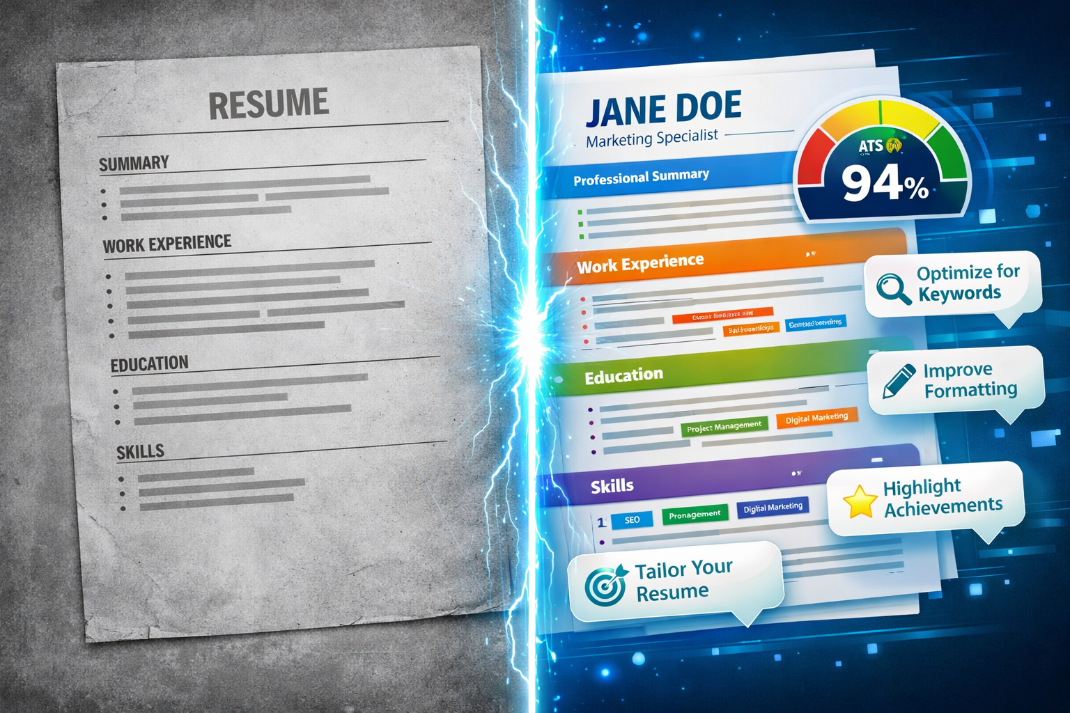 () editorial illustration showing a split-screen comparison: left side displays a plain, generic resume on a worn paper