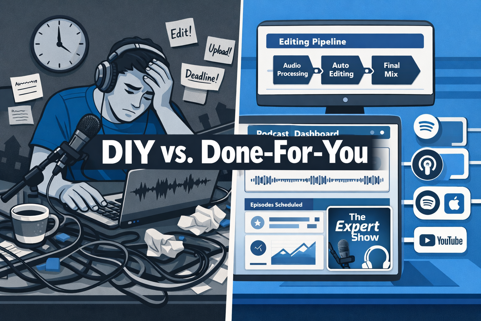 () editorial illustration showing a split-screen comparison: left side depicts a solo podcaster overwhelmed at a cluttered