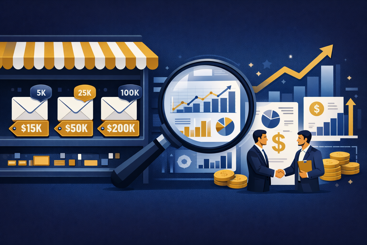 Wide () editorial illustration showing a newsletter acquisition marketplace scene: a digital storefront with email