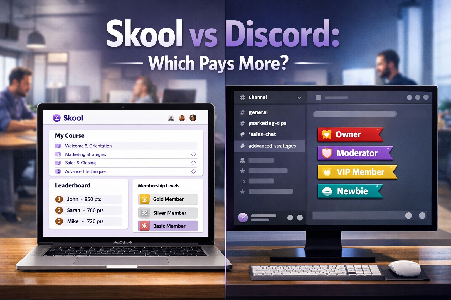 () split-screen infographic showing Skool platform interface on left with course modules, leaderboard, and membership tiers