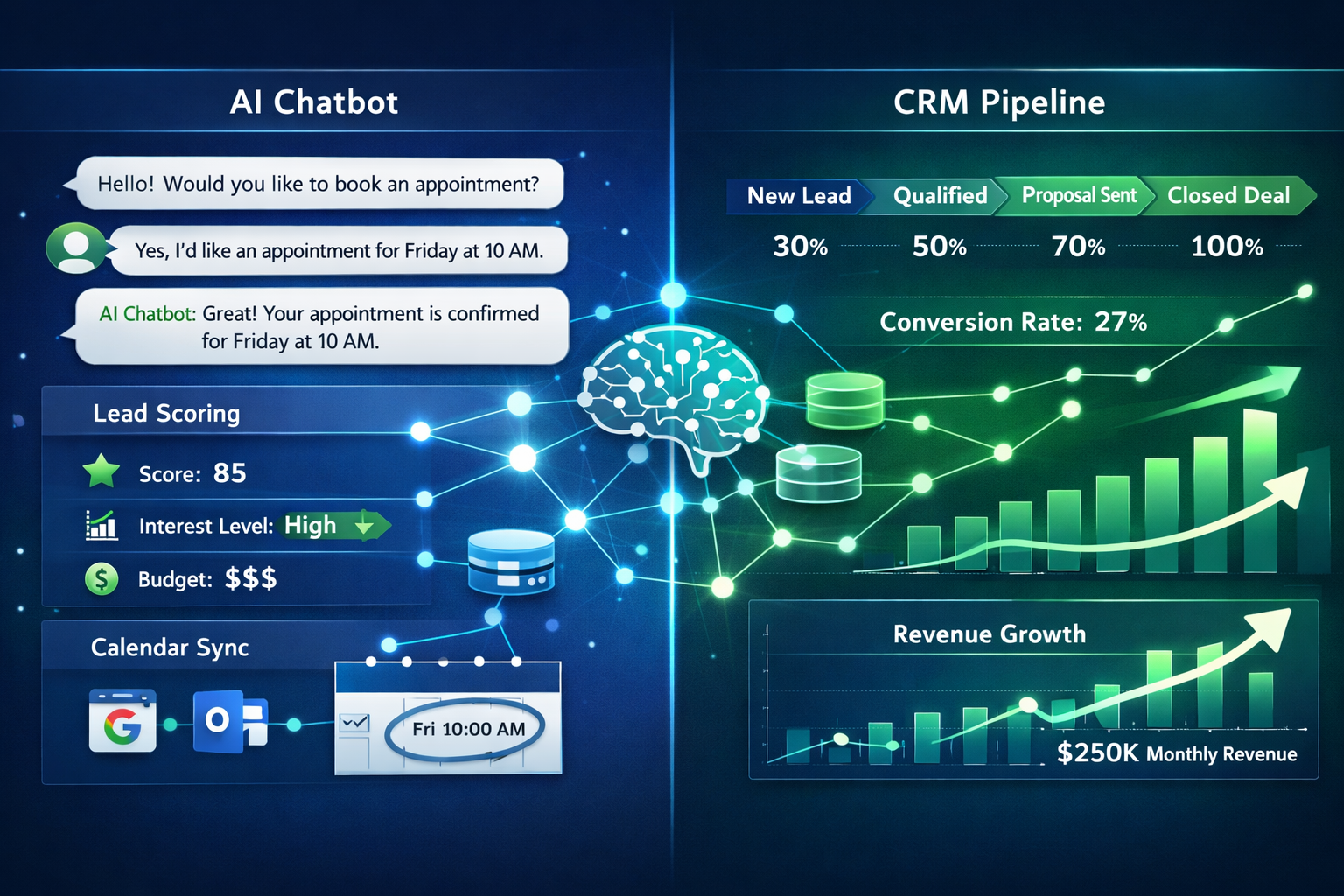 Detailed () showing a split-screen infographic: left side displays an AI chatbot interface with automated appointment