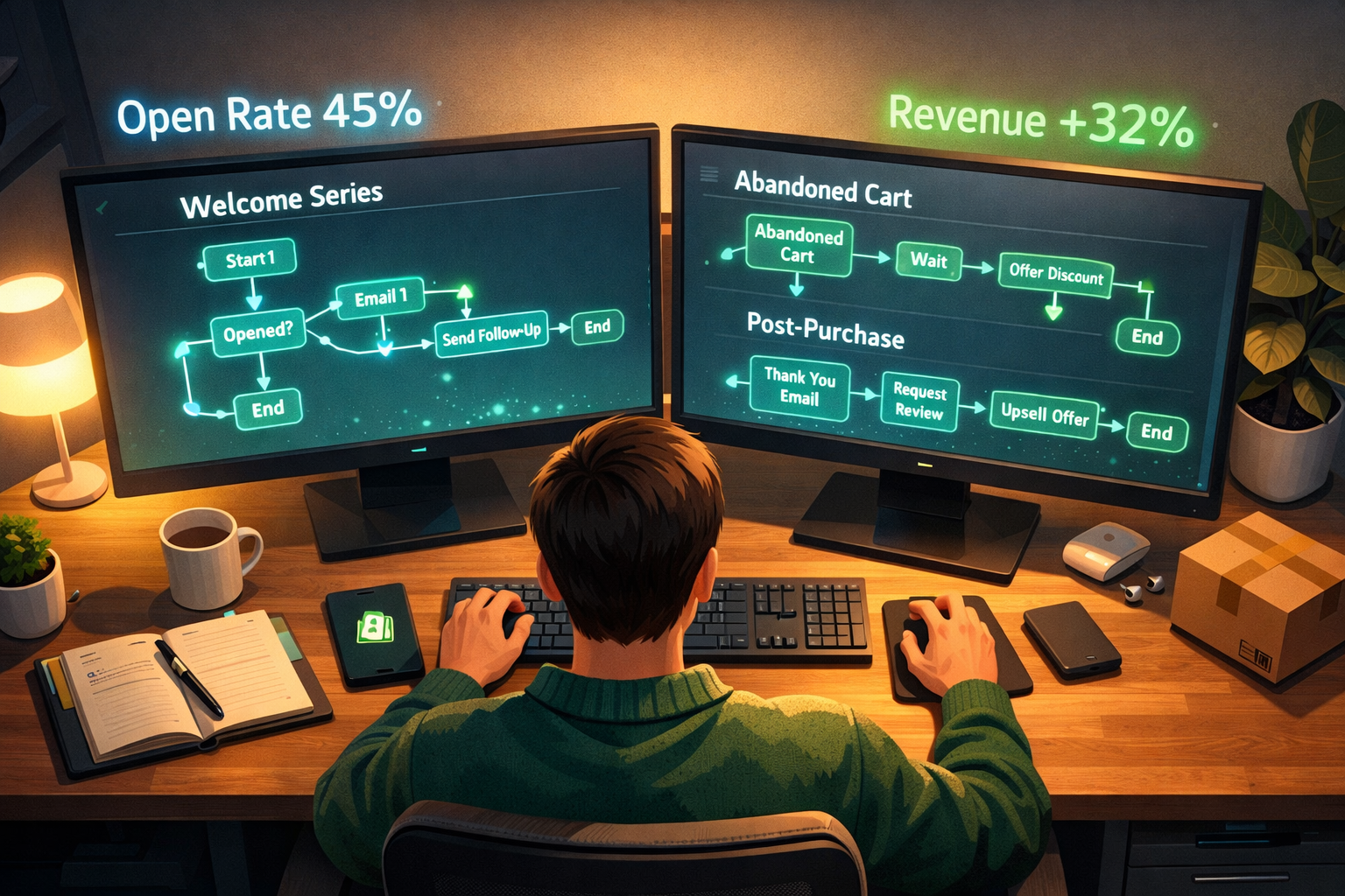 Wide () editorial illustration showing a bird's-eye view of a Shopify store owner at a modern desk reviewing email