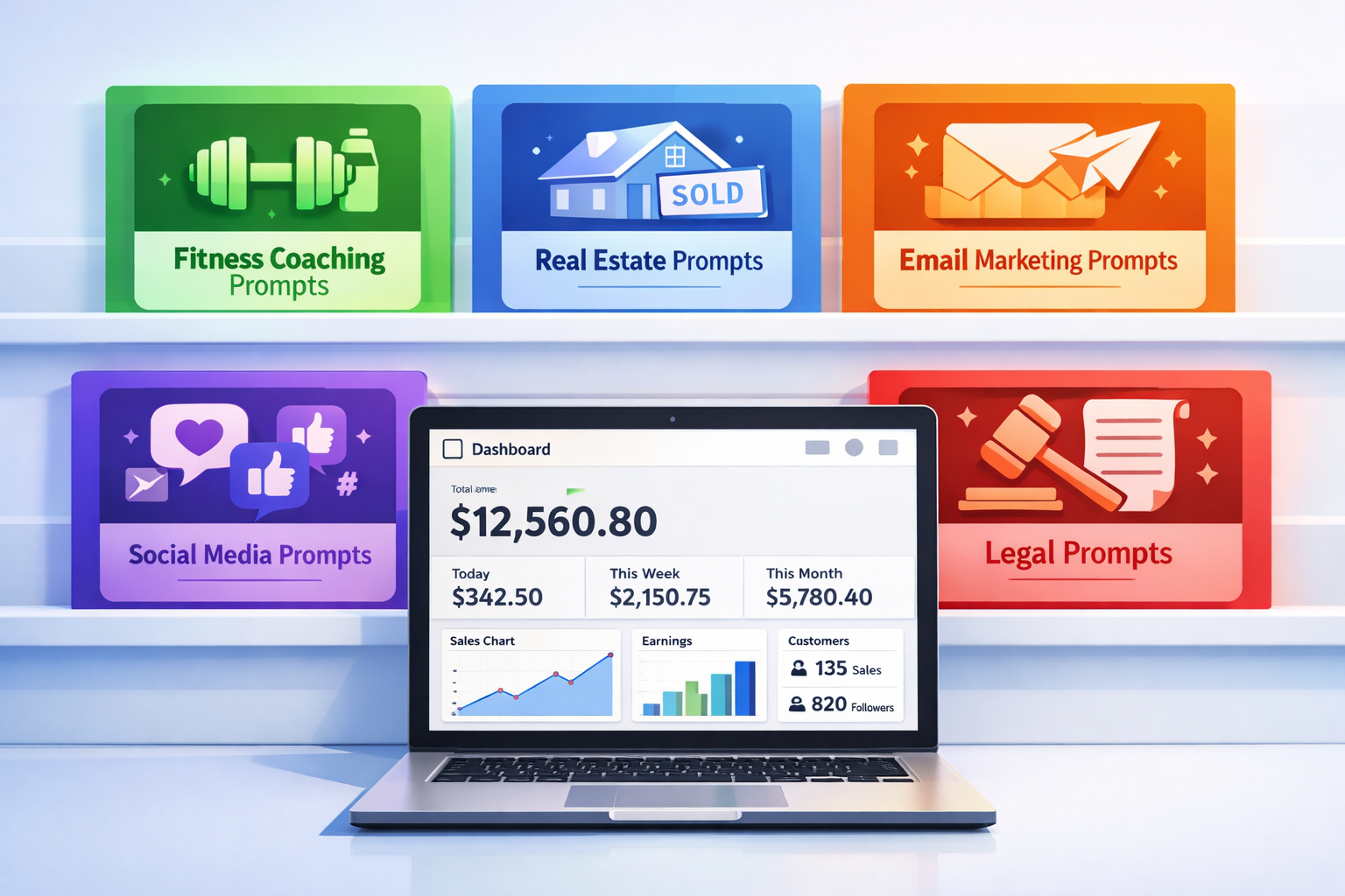 () editorial illustration showing a grid of colorful niche-specific prompt pack product cards arranged like digital products