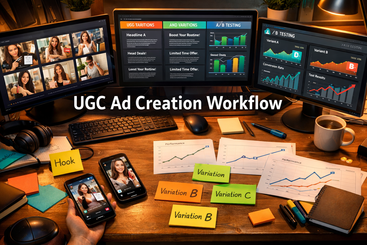 () editorial illustration showing a bird's-eye view of a creative studio workspace: multiple screens displaying UGC video