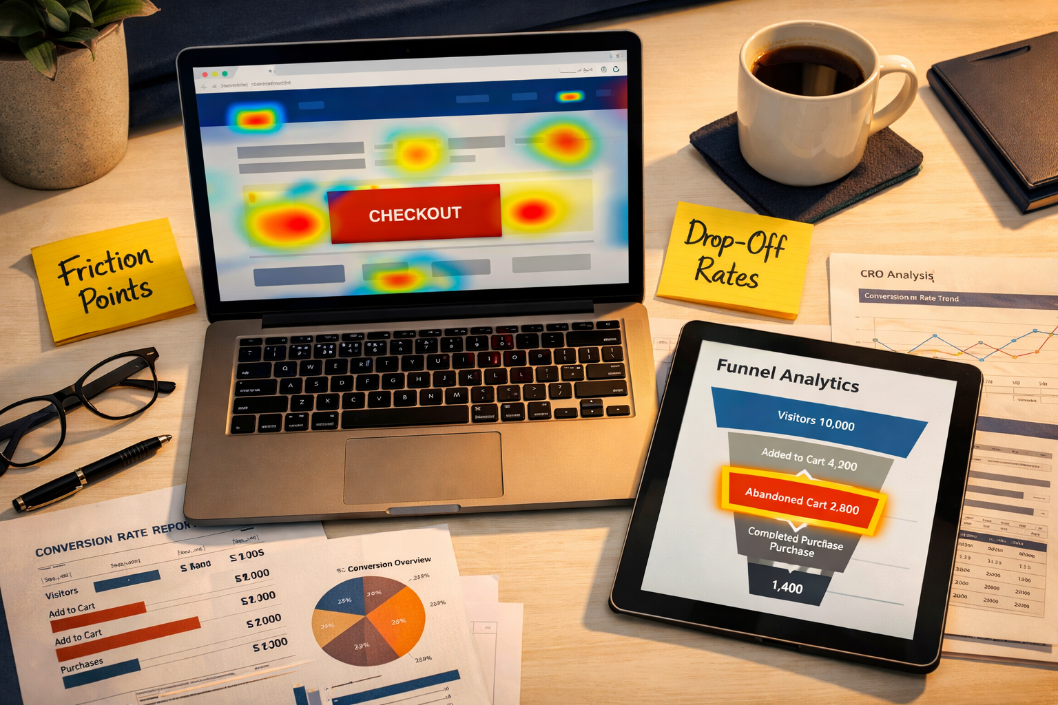 Wide-angle overhead shot of a digital workspace showing an e-commerce CRO audit in progress: laptop screen displaying a