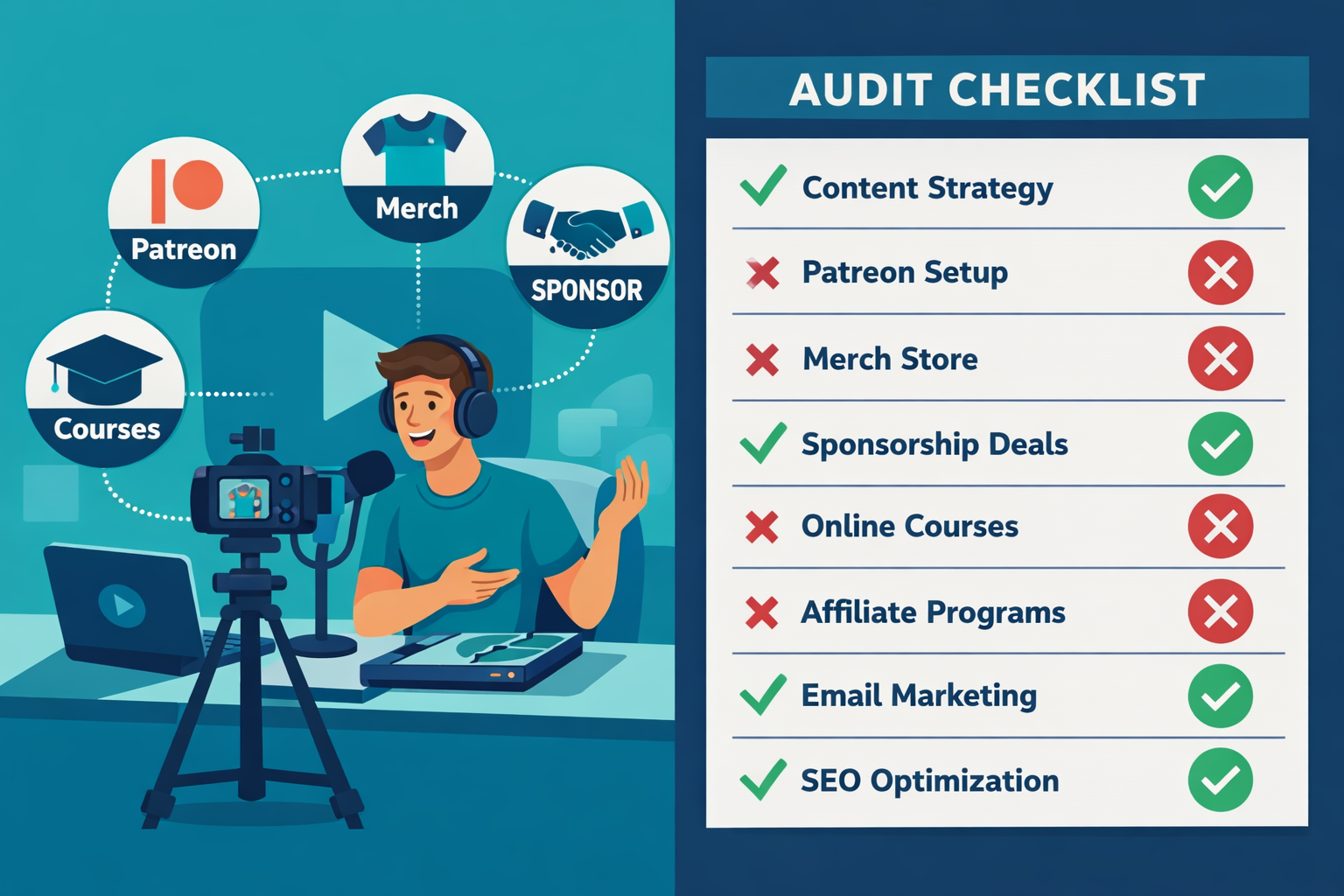 () editorial illustration showing a split-screen infographic: left side displays a content creator filming a YouTube video