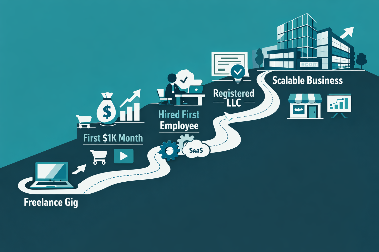 () editorial illustration showing a visual roadmap of side hustle evolution: a winding upward path starting from a small