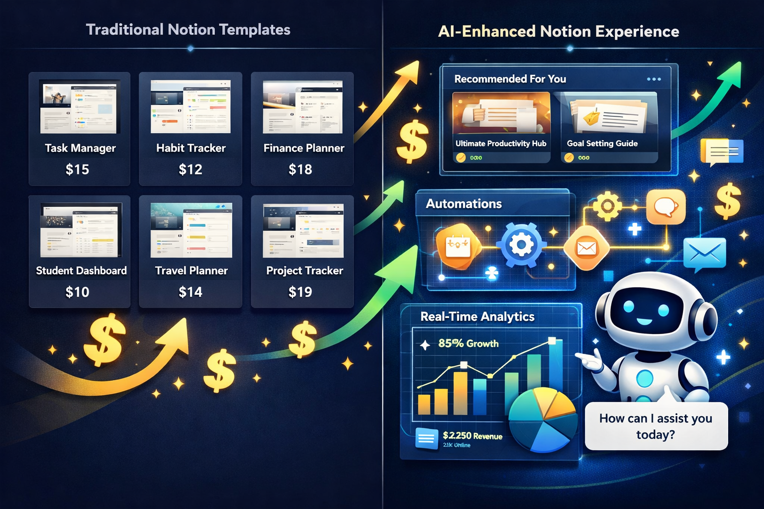 () editorial illustration showing a split-screen comparison: left side displays a traditional Notion template marketplace
