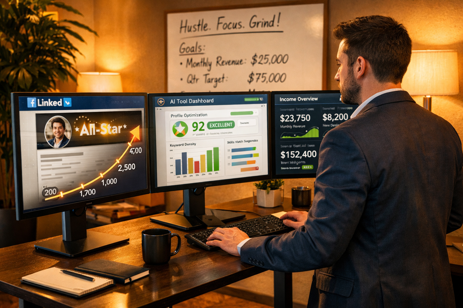 () business scene showing an entrepreneur at a standing desk with three monitors: one displaying a LinkedIn profile with a