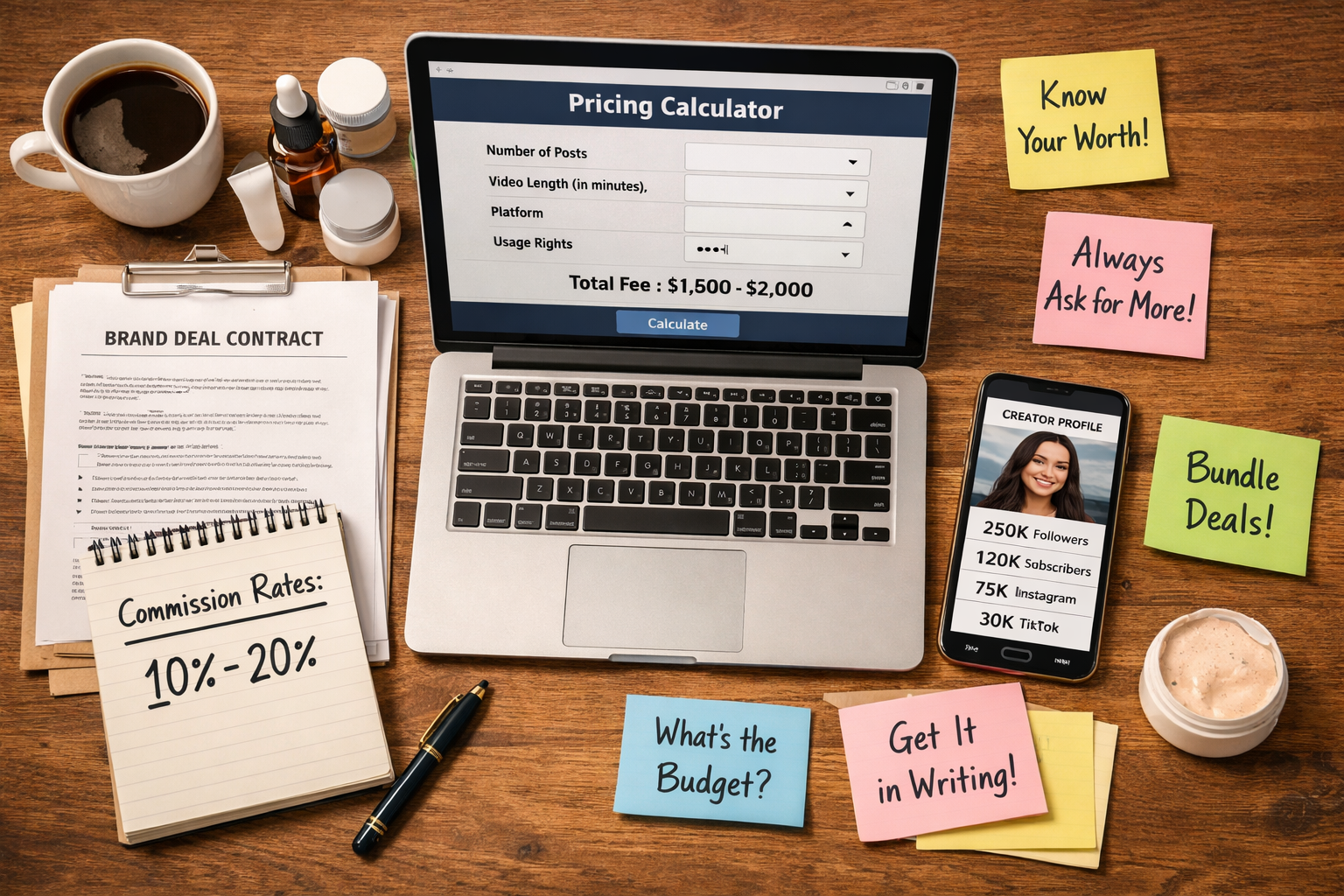 () top-down flat-lay photograph of a workspace showing a laptop with a pricing calculator on screen, stacked brand deal