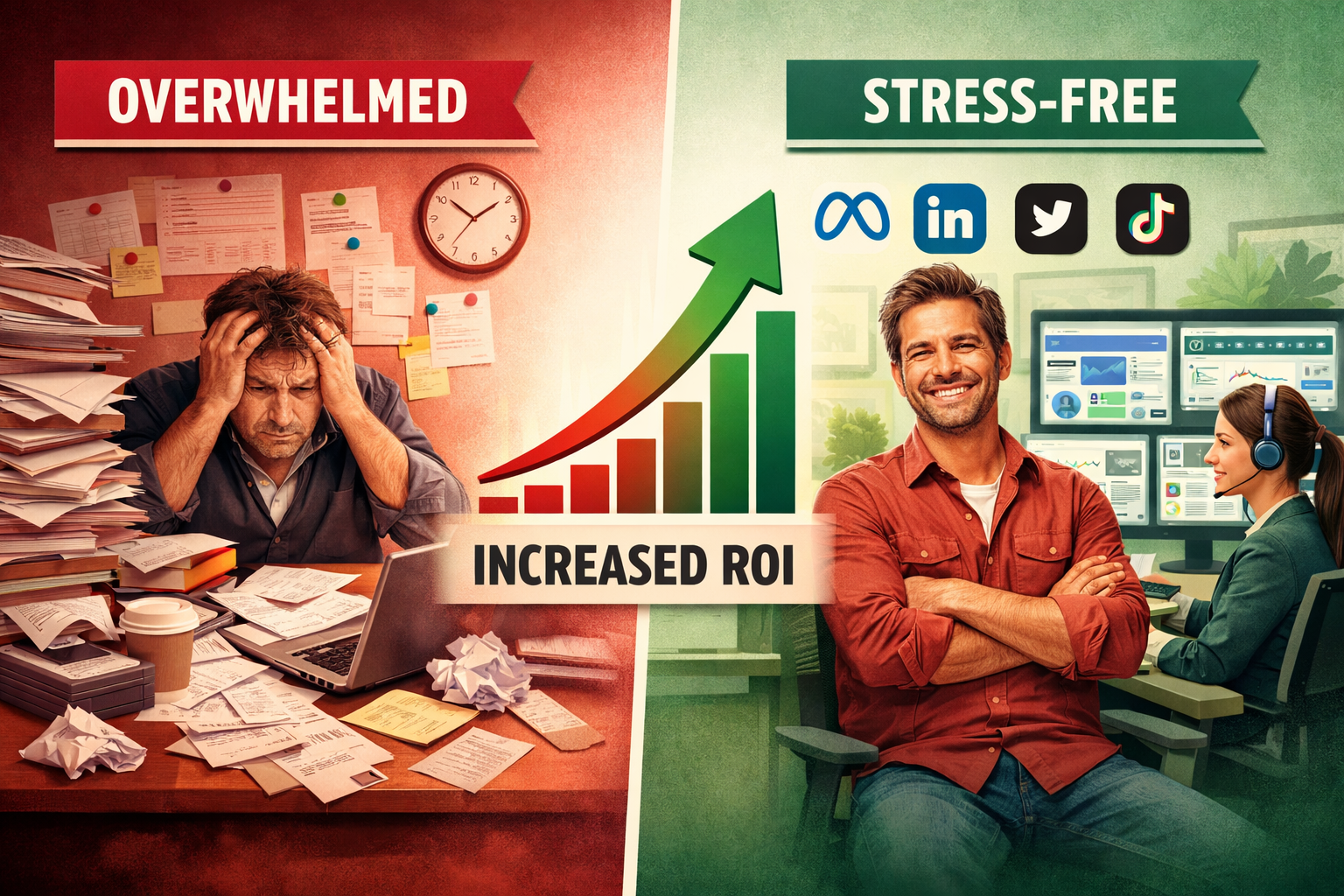 Dynamic split-screen infographic visualization showing left side: a small business owner overwhelmed at a cluttered desk