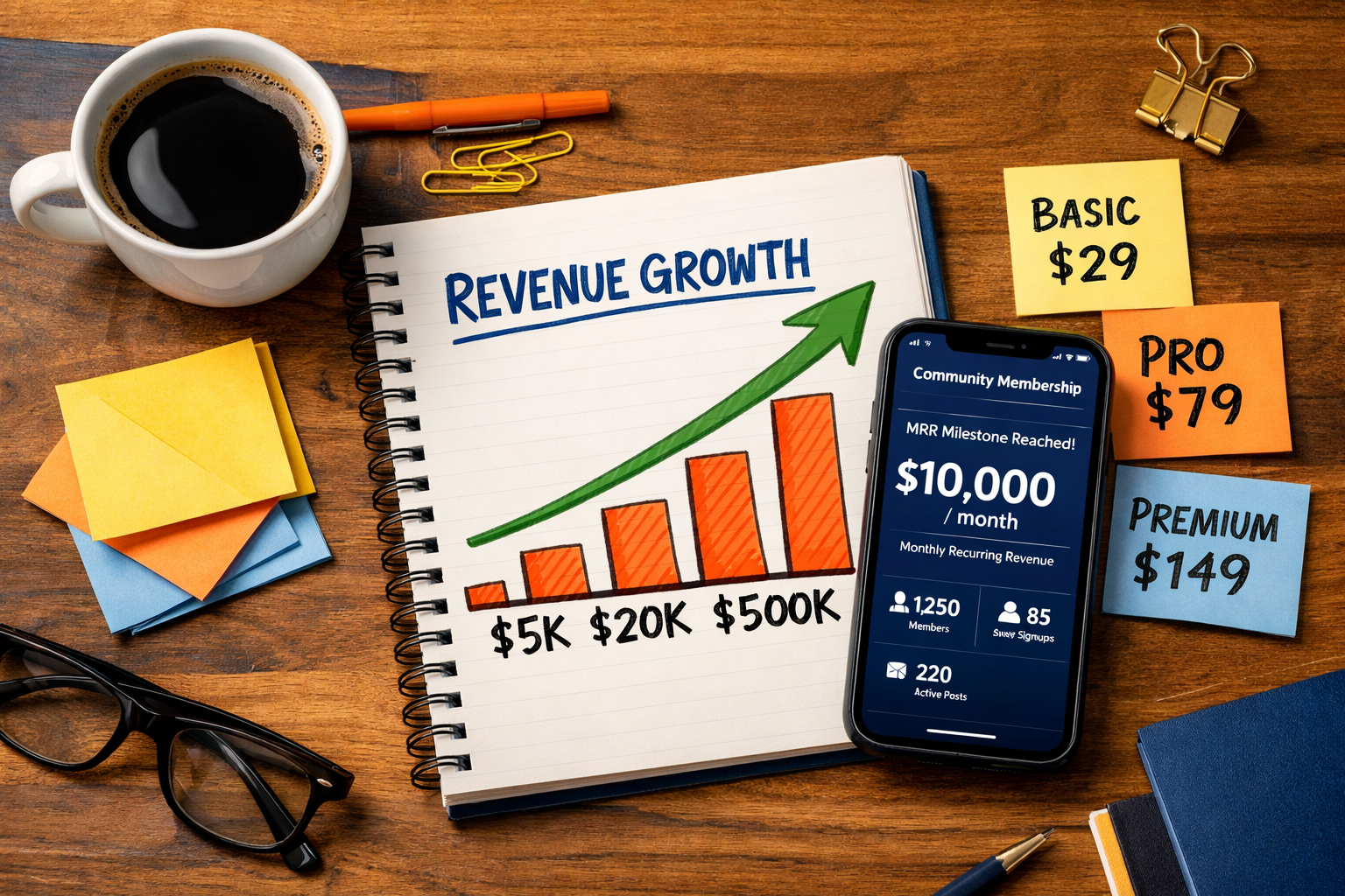 () overhead flat-lay composition showing a notebook with revenue growth chart drawn in marker, smartphone displaying