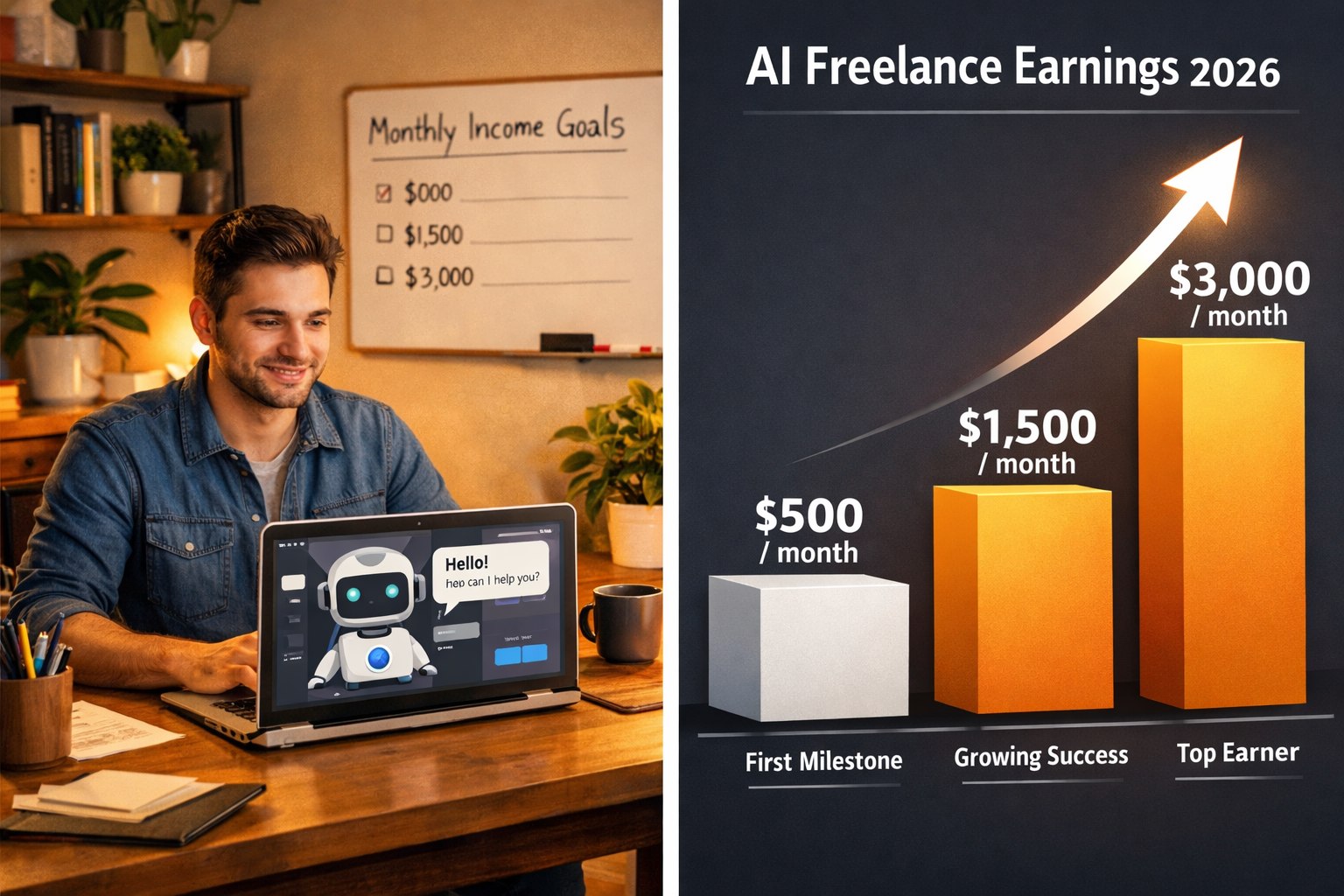 () showing a side-by-side comparison scene: on the left, a beginner entrepreneur at a laptop with a friendly AI chatbot
