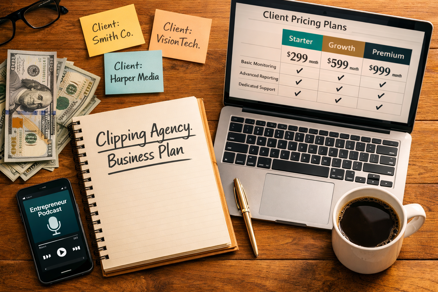 () showing a top-down flat-lay of a modern entrepreneur's workspace: a notebook with a 'Clipping Agency Business Plan'