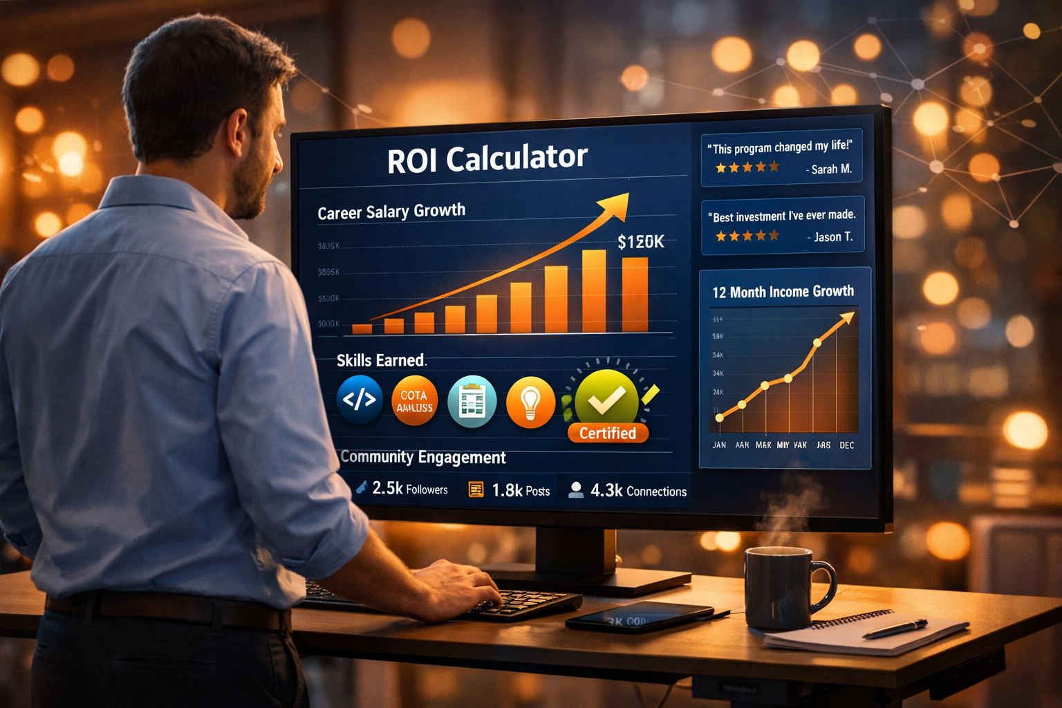 () editorial photo-illustration of a professional at a standing desk reviewing an ROI calculator on a large monitor, showing
