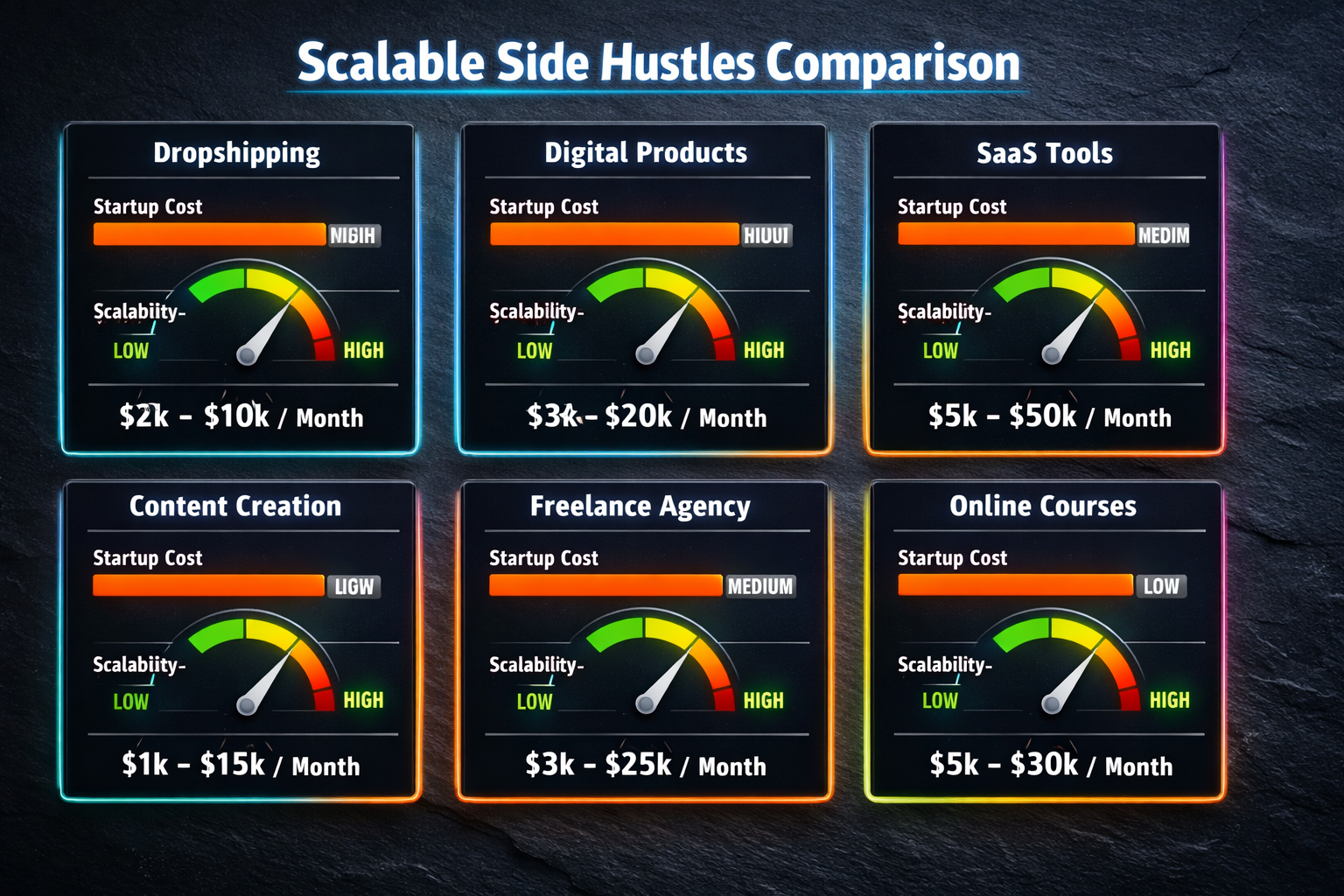 () data visualization showing a comparison dashboard of six scalable side hustles: dropshipping, digital products, SaaS
