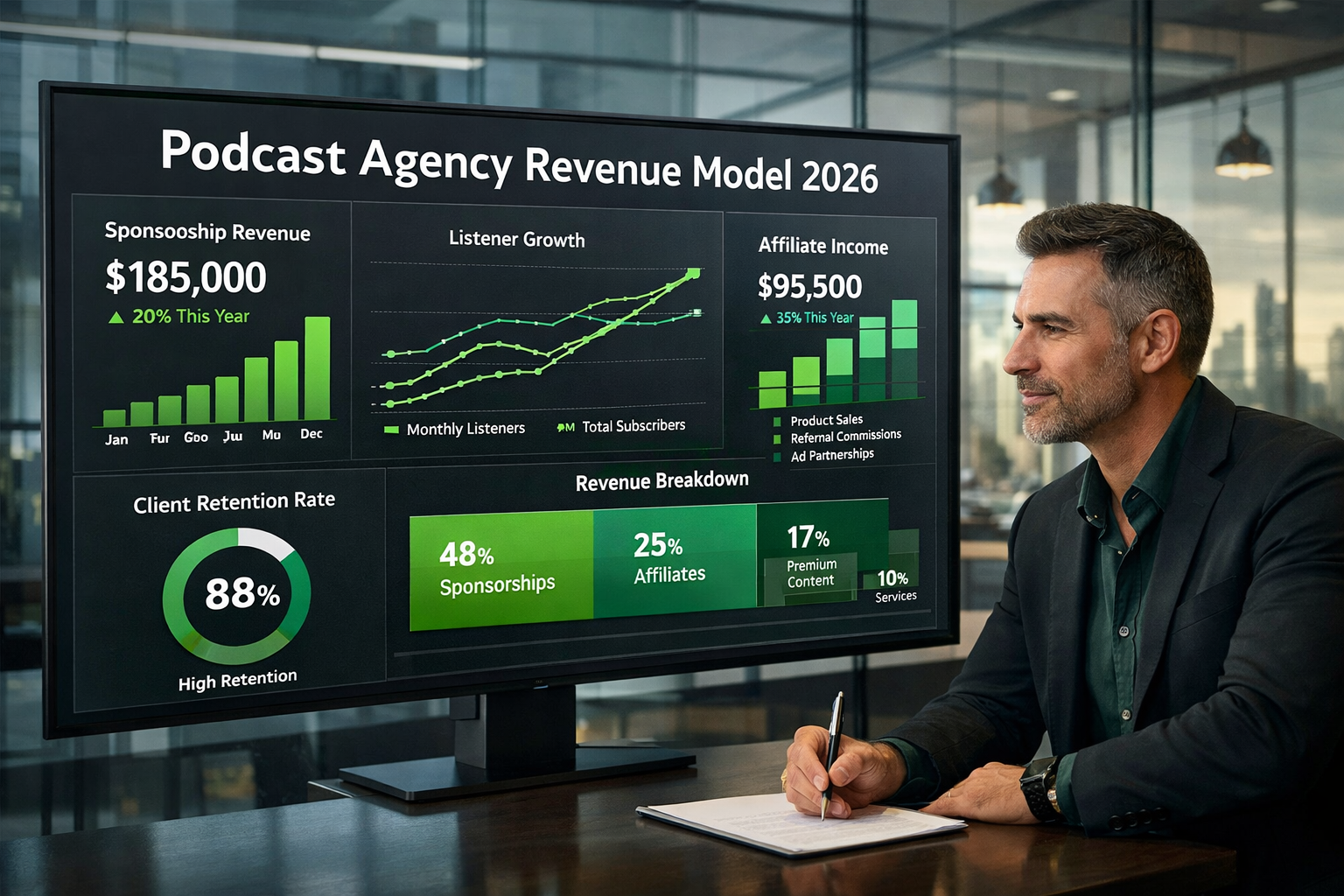 () business-focused image showing a digital revenue dashboard on a large monitor displaying podcast monetization metrics —