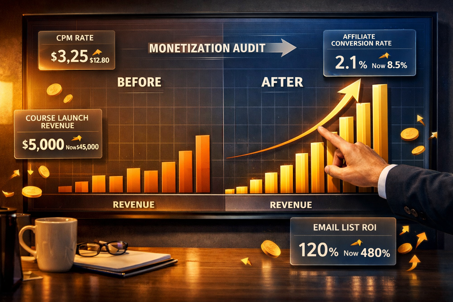 () data visualization scene showing a before-and-after revenue comparison chart for a content creator, with bar graphs