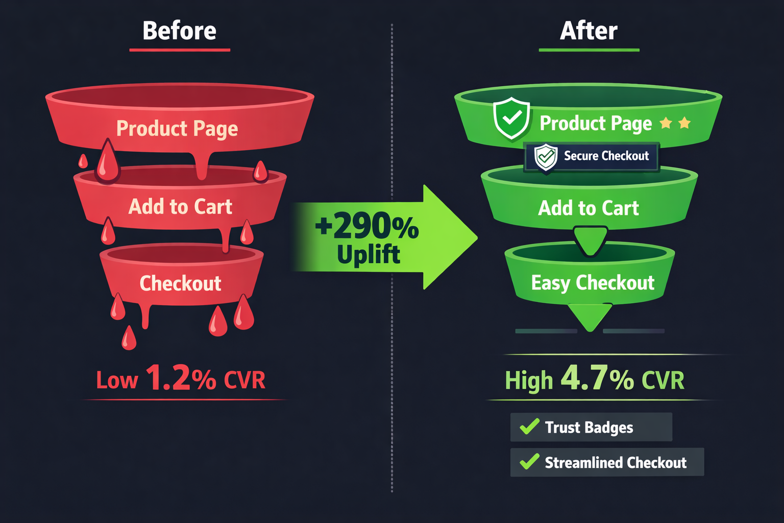 Split-screen infographic visualization showing before-and-after e-commerce conversion rate improvements: left panel shows a