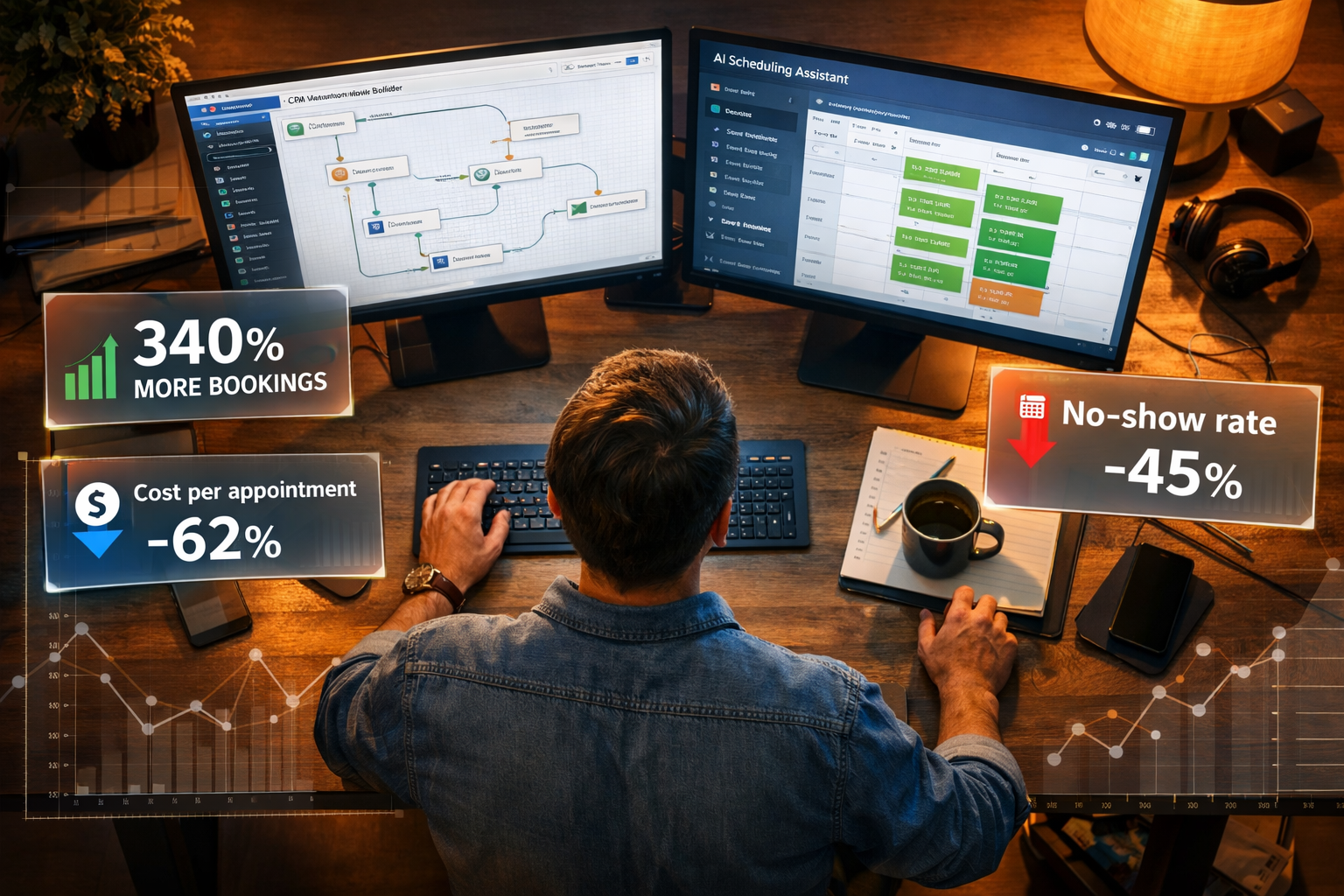 Detailed () bird's-eye view of a modern entrepreneur at a standing desk with dual monitors showing a CRM automation workflow