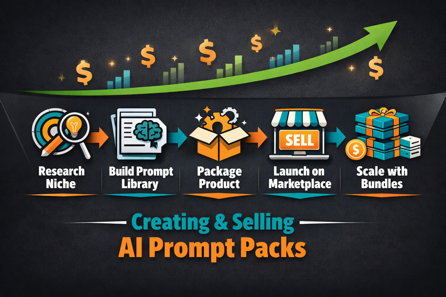 () data-driven infographic visual showing a step-by-step funnel diagram for creating and selling AI prompt packs — stages