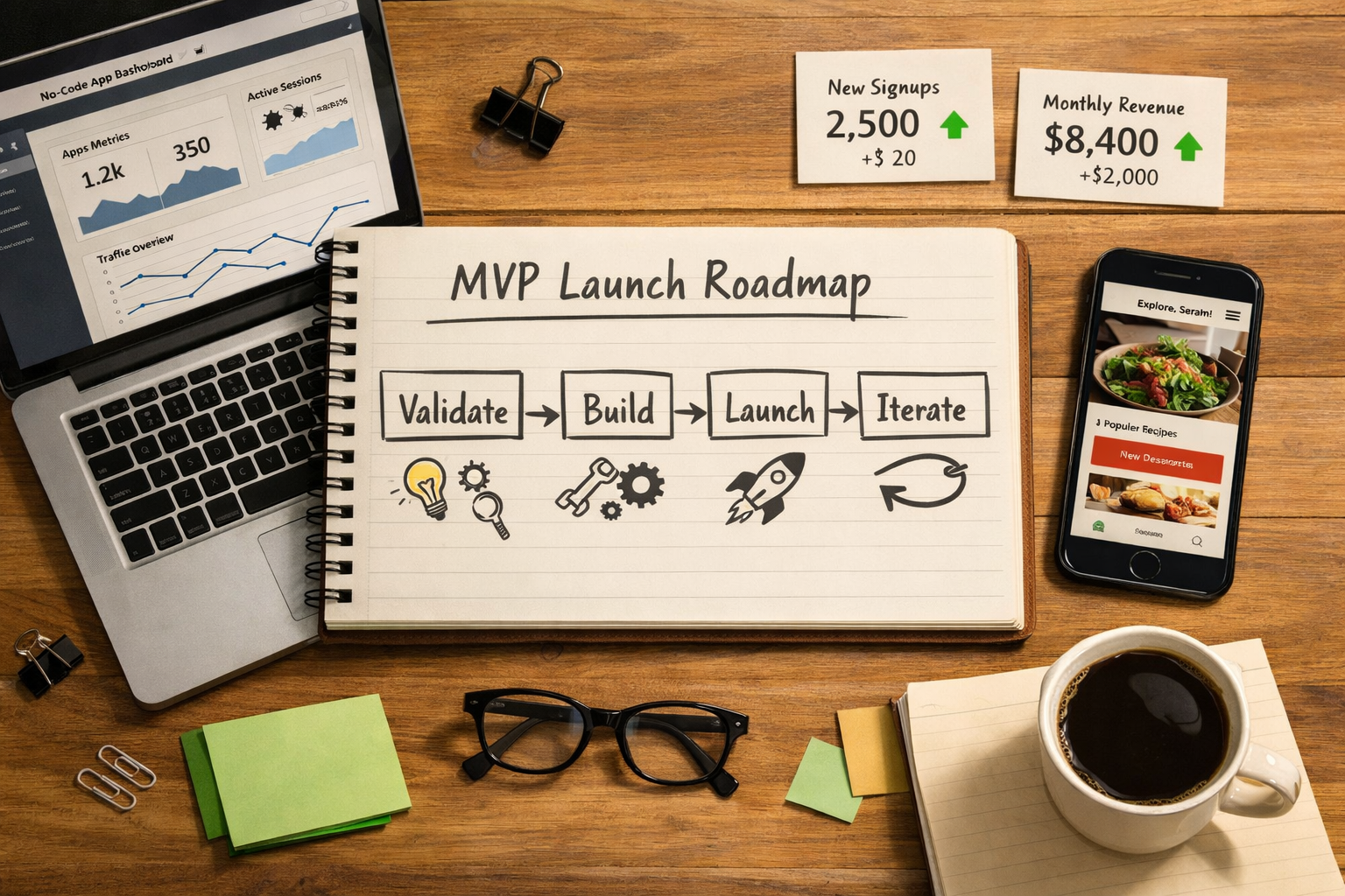 () visual showing a step-by-step MVP launch roadmap as an overhead flat-lay: a wooden desk with a notebook open to a