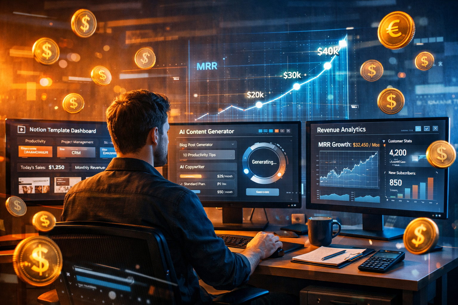 () detailed scene showing a digital entrepreneur at a minimal desk with multiple monitors displaying Notion template store
